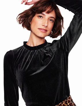 Velvet Frill Neck Top-Black Airflow Vents Casual Button-Down