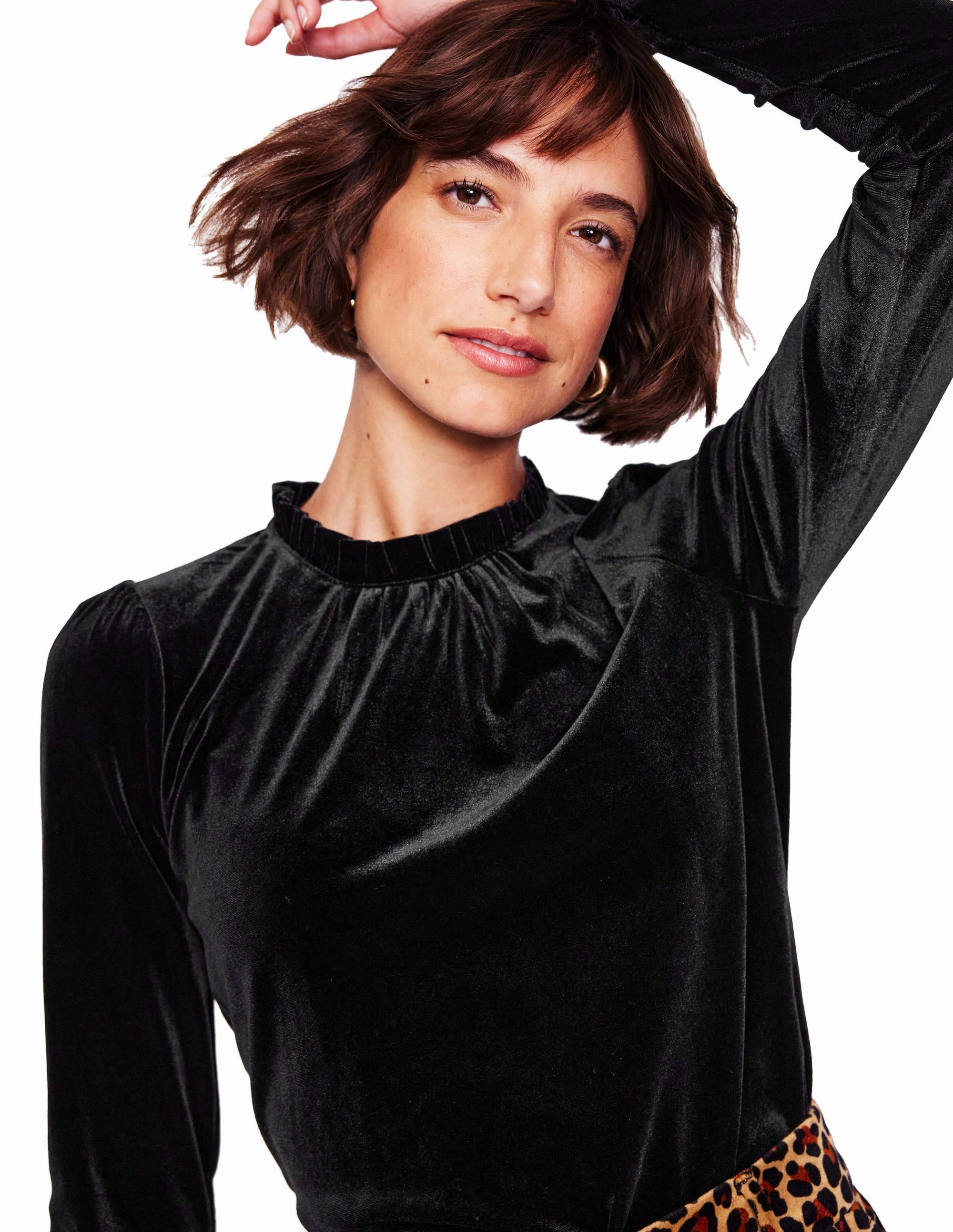 Velvet Frill Neck Top-Black Airflow Vents Casual Button-Down