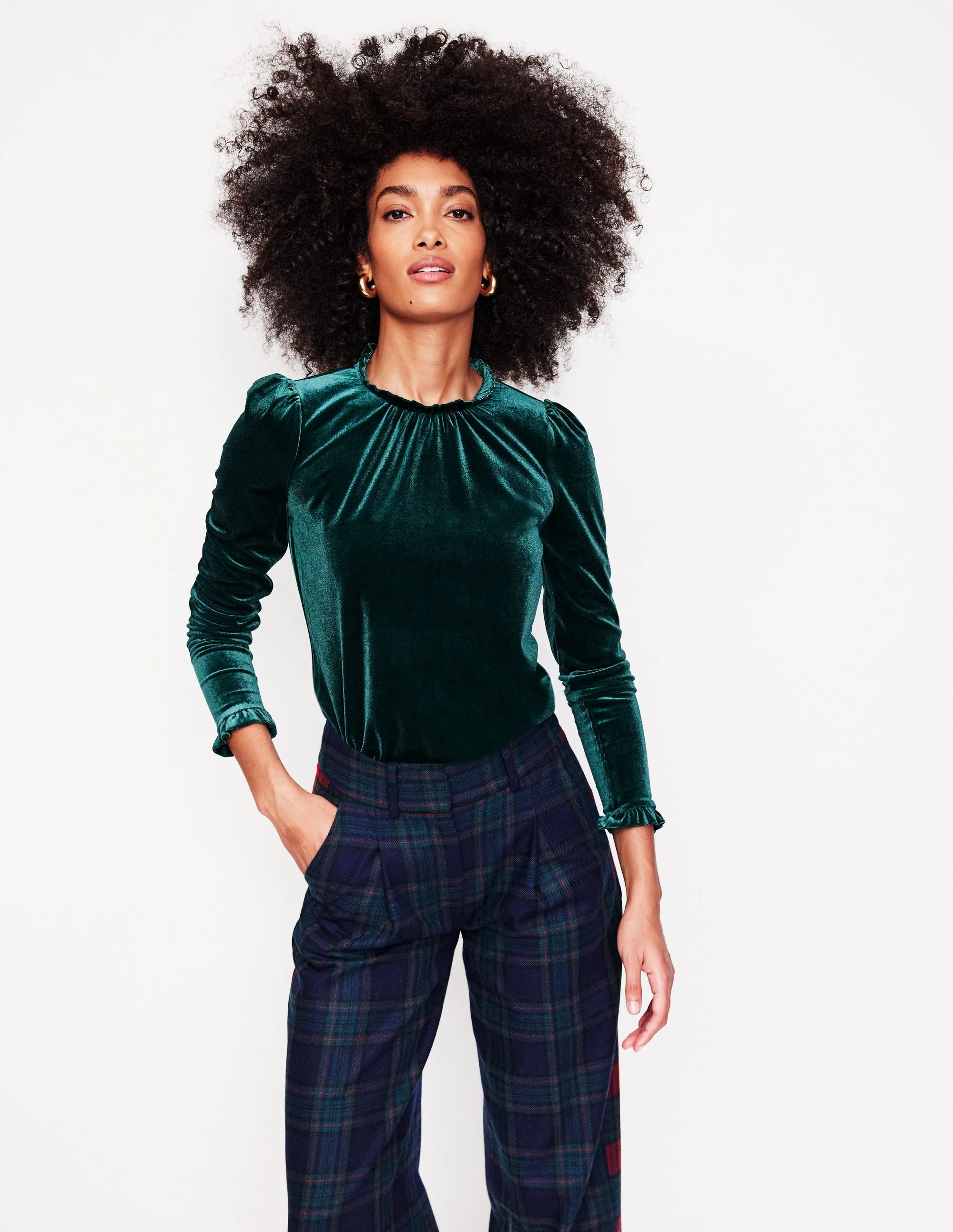 Velvet Frill Neck Top-Glade Non Iron Fabric Low Profile Stitching
