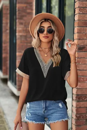 GOLD LACE POINT V NECK CHIFFON BLOUSE Breathable Knit Fabric