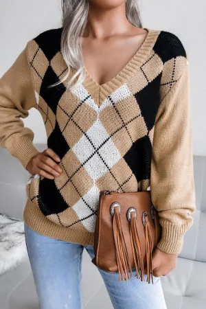 PLAID PATTERN RIBBED V NECK LOOSE FIT SWEATER FlexFit Technology