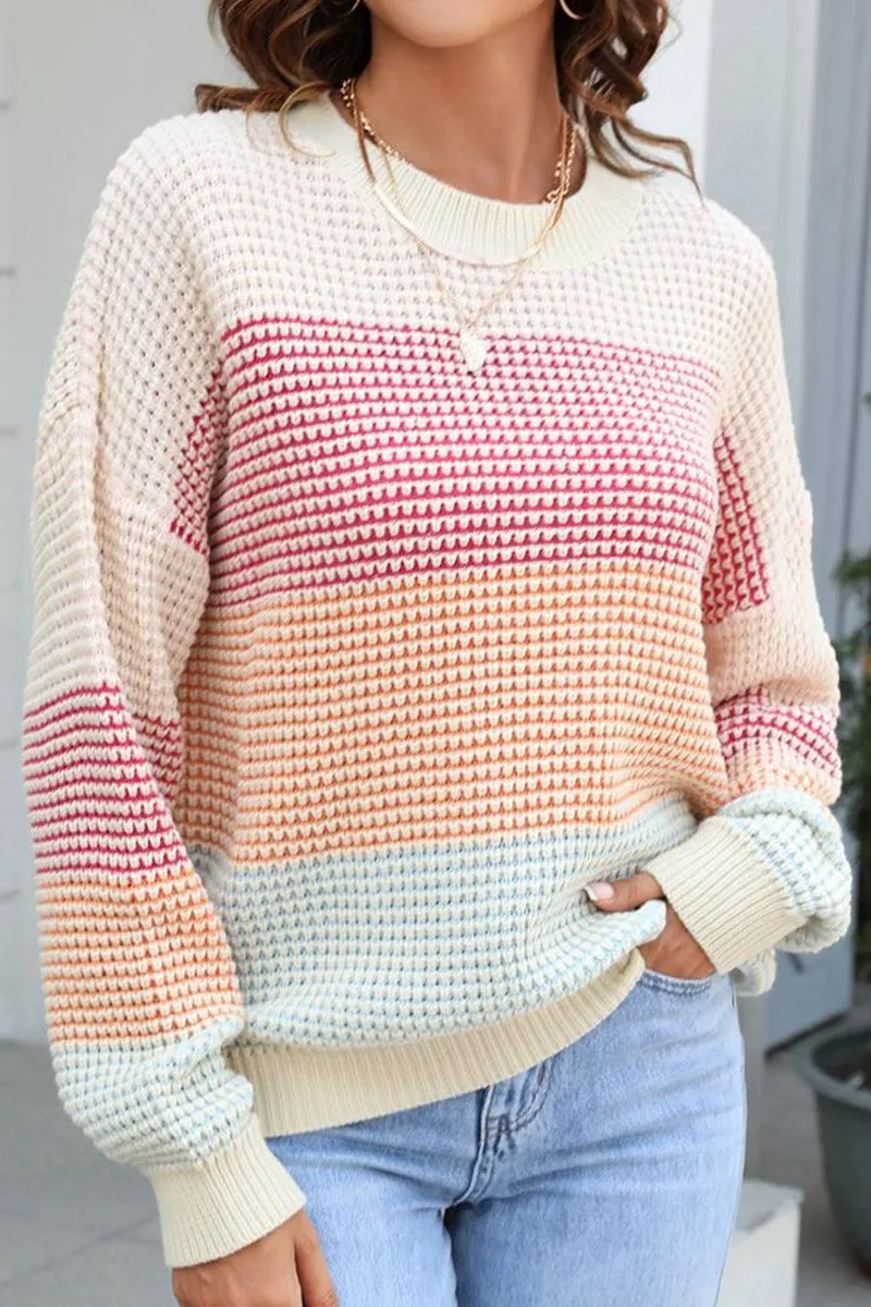 Water Repellent Coating Cool and Breezy WOMEN WAFFLE KNITTED COLOR BLOCK OVERSIZED SWEATER