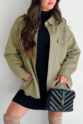 Stretchable Waistband Heading To Town Oversized Faux Suede Shacket (Olive)