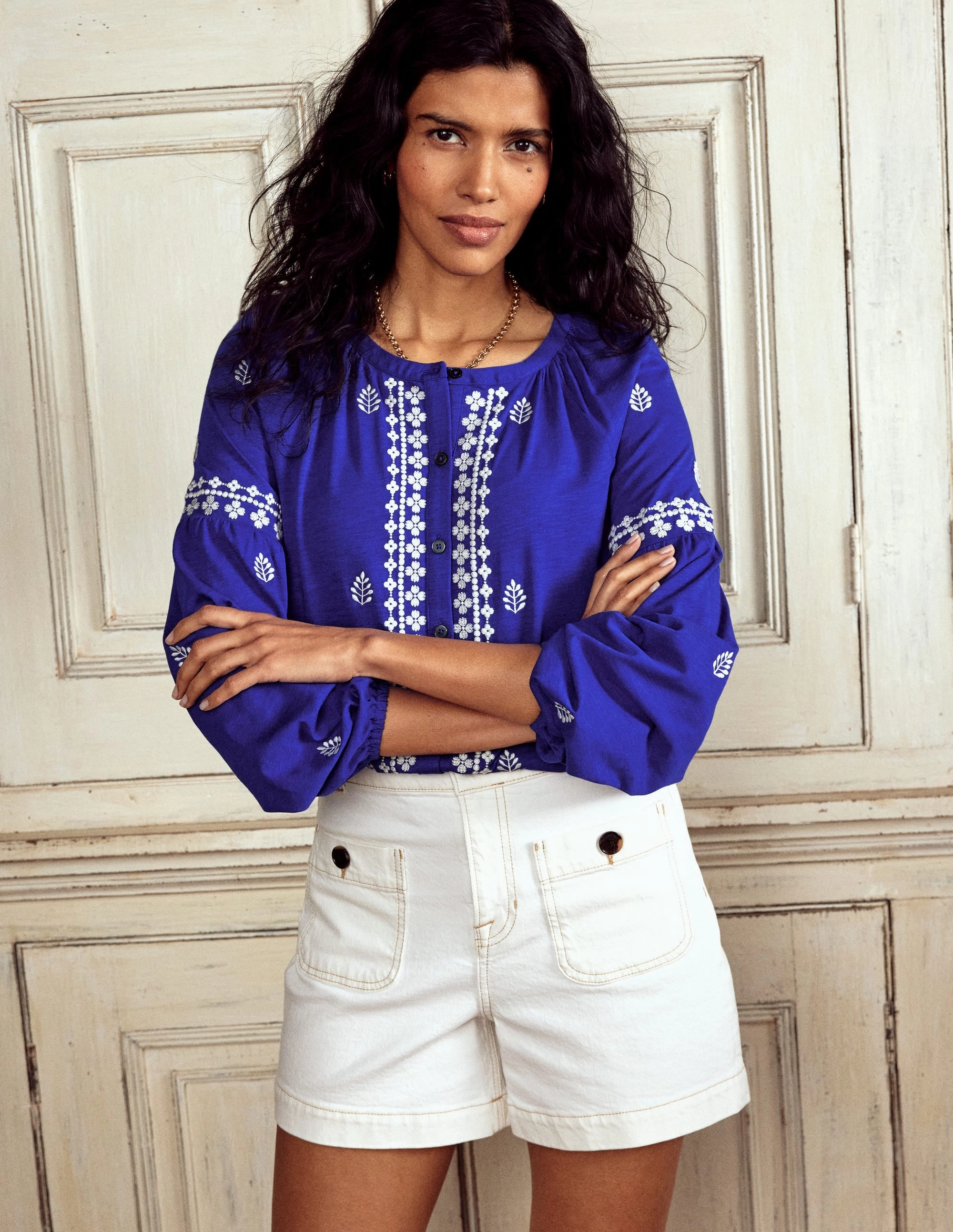 Compact Thermal Insulation Embroidered Seam Sleeve Shirt-Bright Blue