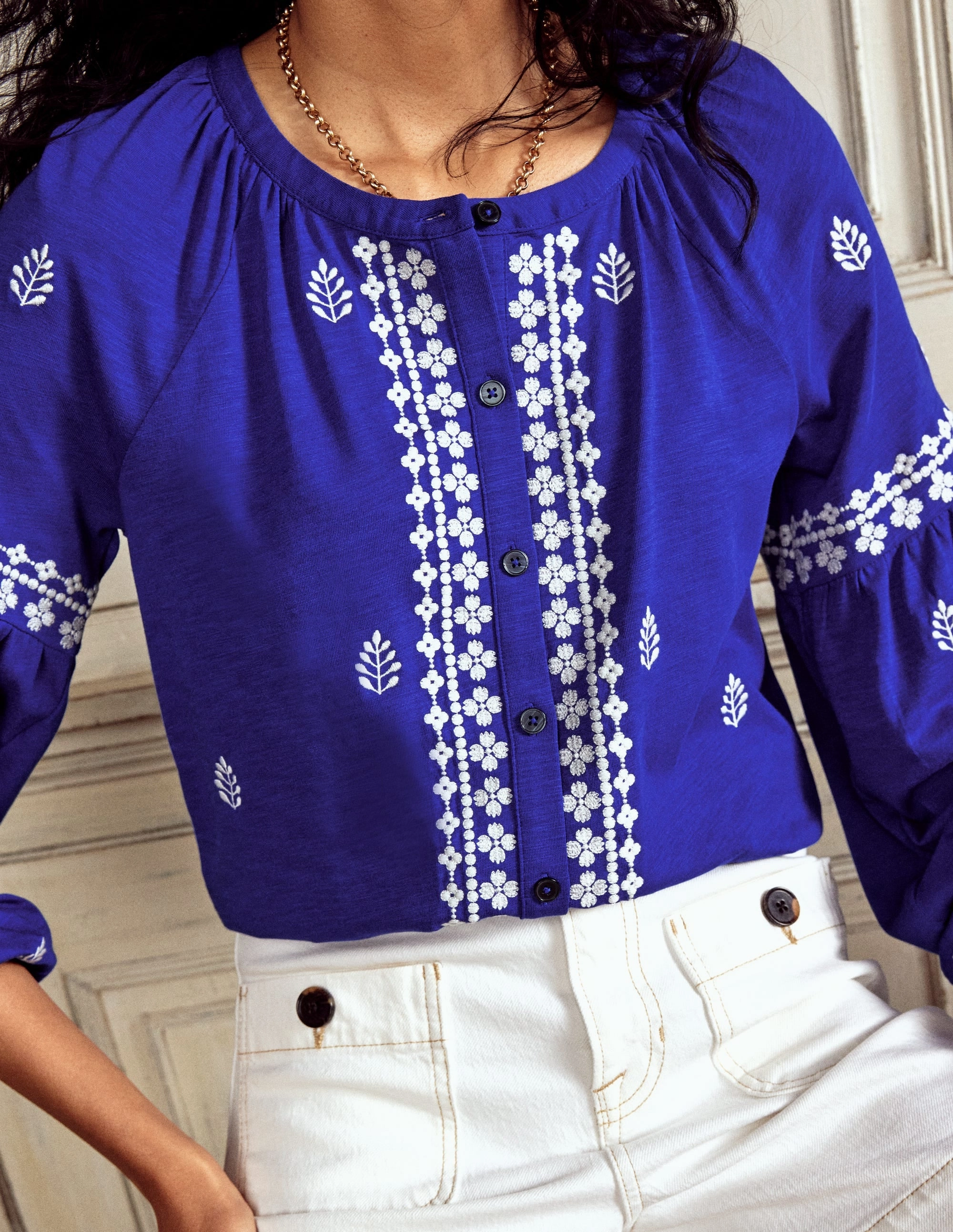 Ventilated Side Panels Casual Sweater Embroidered Seam Sleeve Shirt-Bright Blue