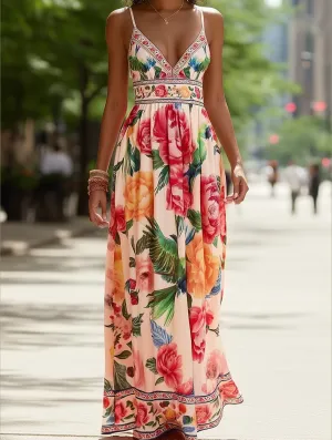 Verona Macaw & Peony Floral Print Resort Strappy Sundress ??Tropical Summer Flowy Dress Knot-Detail