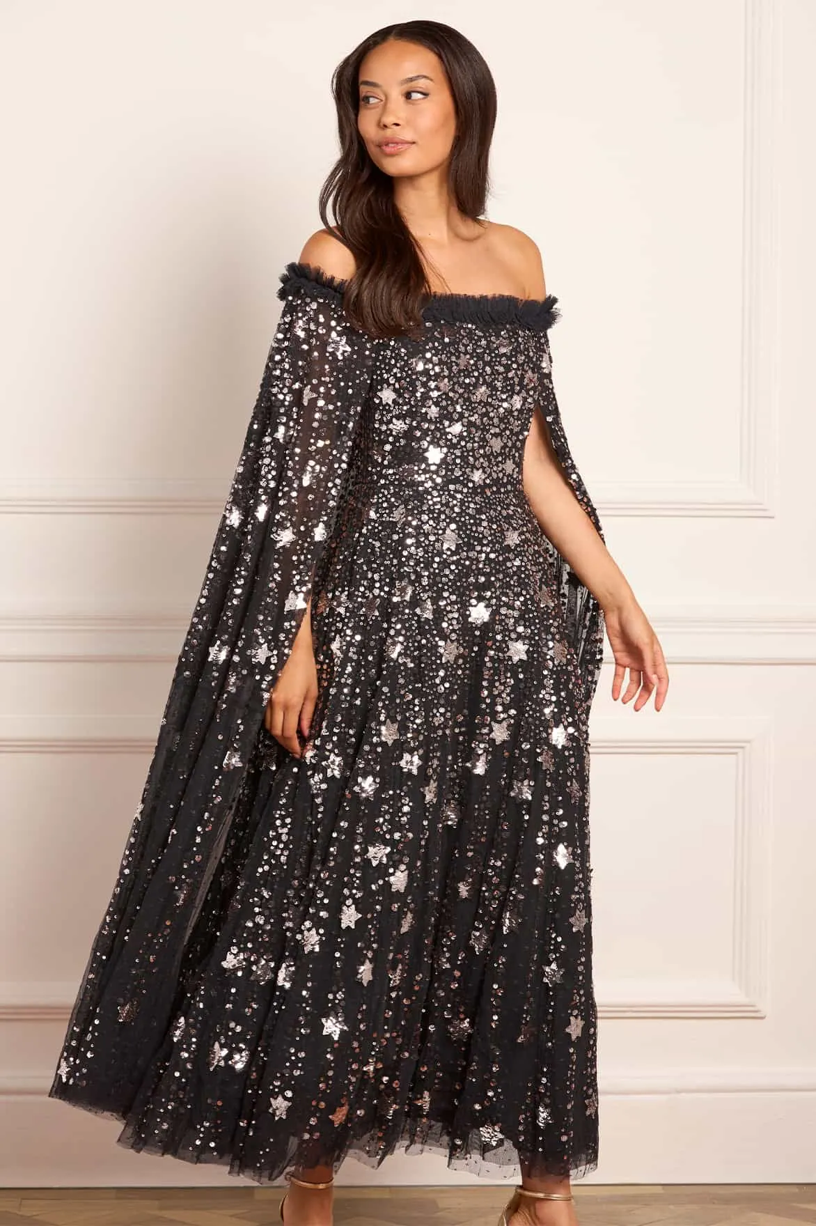 Sheer Look Shooting Stars Cape Ankle Gown