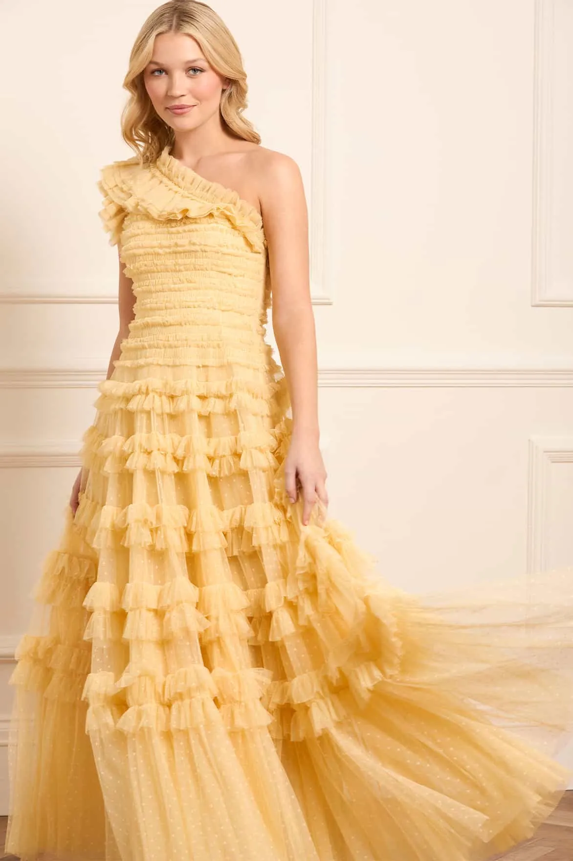 Contrast-Panel Stay Cool Lisette Ruffle One-Shoulder Gown