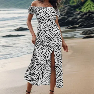 Shiny Zip Wrinkle-Resistant Animal print one line collar dress_CWDMD1477