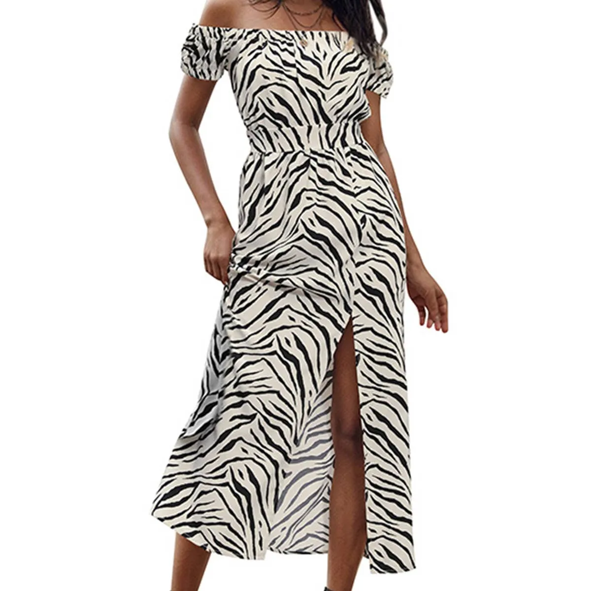 Draped Fabric Animal print one line collar dress_CWDMD1477