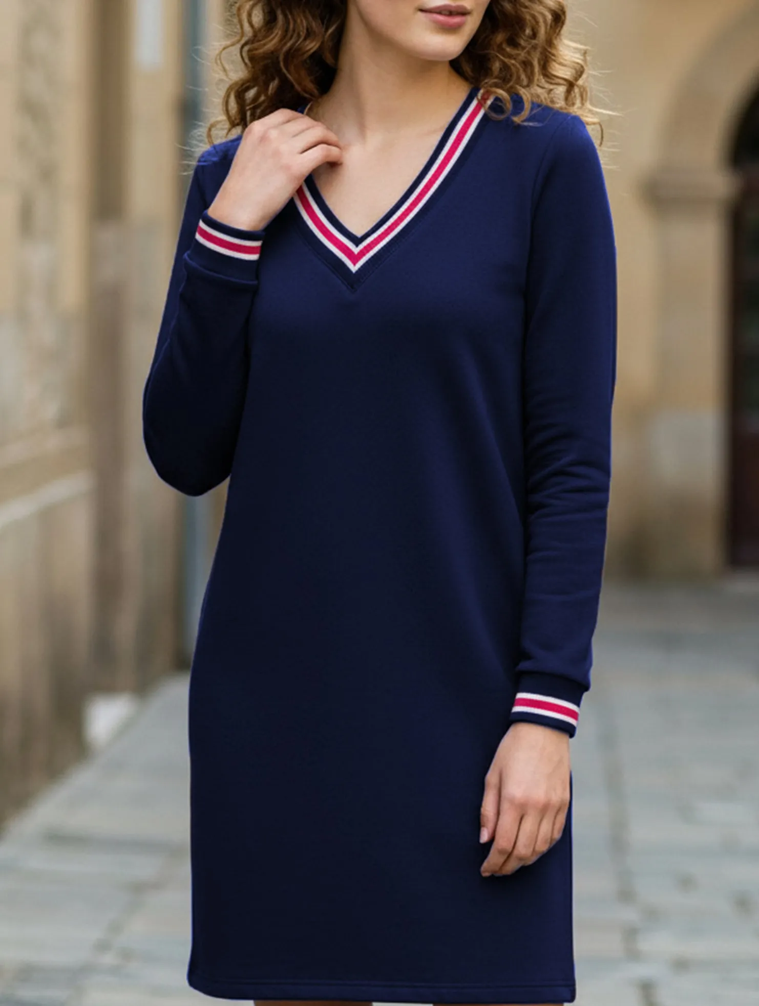 L ribbed V-neck contrast dress FlatlockSeam Fashionable Wear