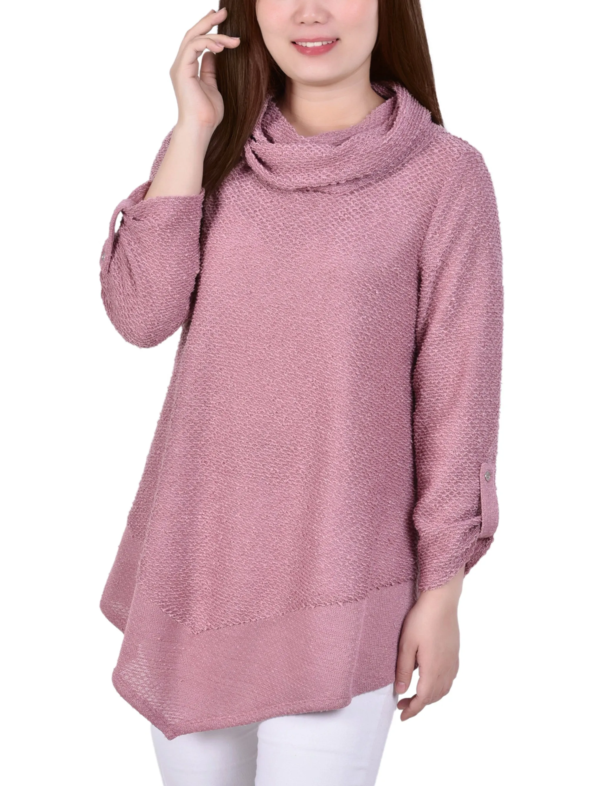 Comfy Style Long Roll Tab Sleeve Nubby Cowl Neck Top