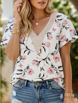 V-neck printed petal-sleeve loose pullover shirt Bamboo Fiber Fabric