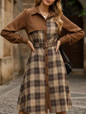Sunny Lace Retro-style shirt collar plaid patchwork dress