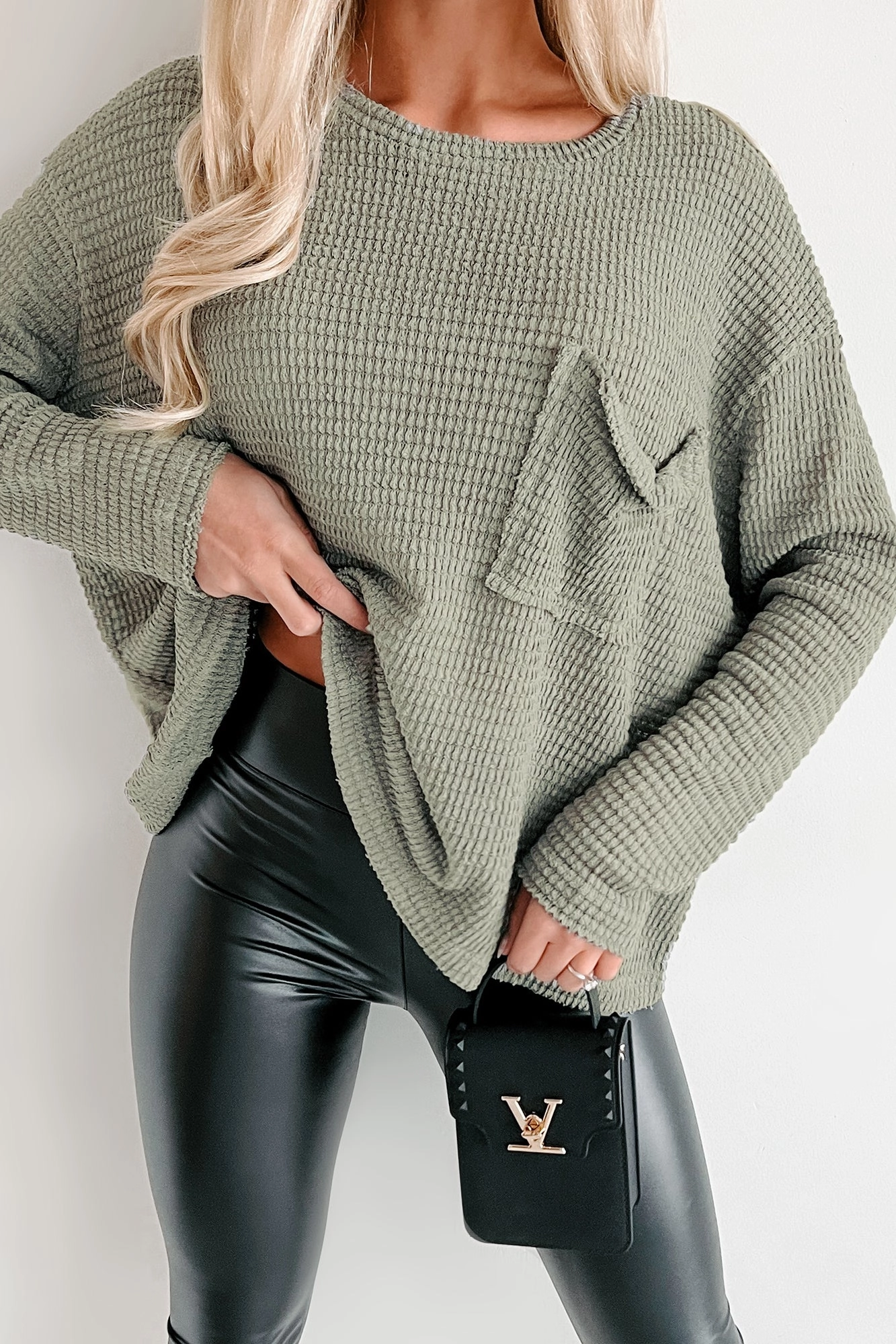Thermal Regulation Fabric Reverseble Design Doorbuster In A Chill Mood Oversized Waffle Knit Top (Light Olive)
