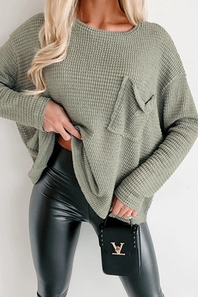 Thermal Regulation Fabric Reverseble Design Doorbuster In A Chill Mood Oversized Waffle Knit Top (Light Olive)