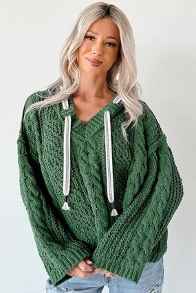 Layered Ply Construction BondedShoulder Total Ease Zenana Cable Knit Sweater Hoodie (Dark Green)
