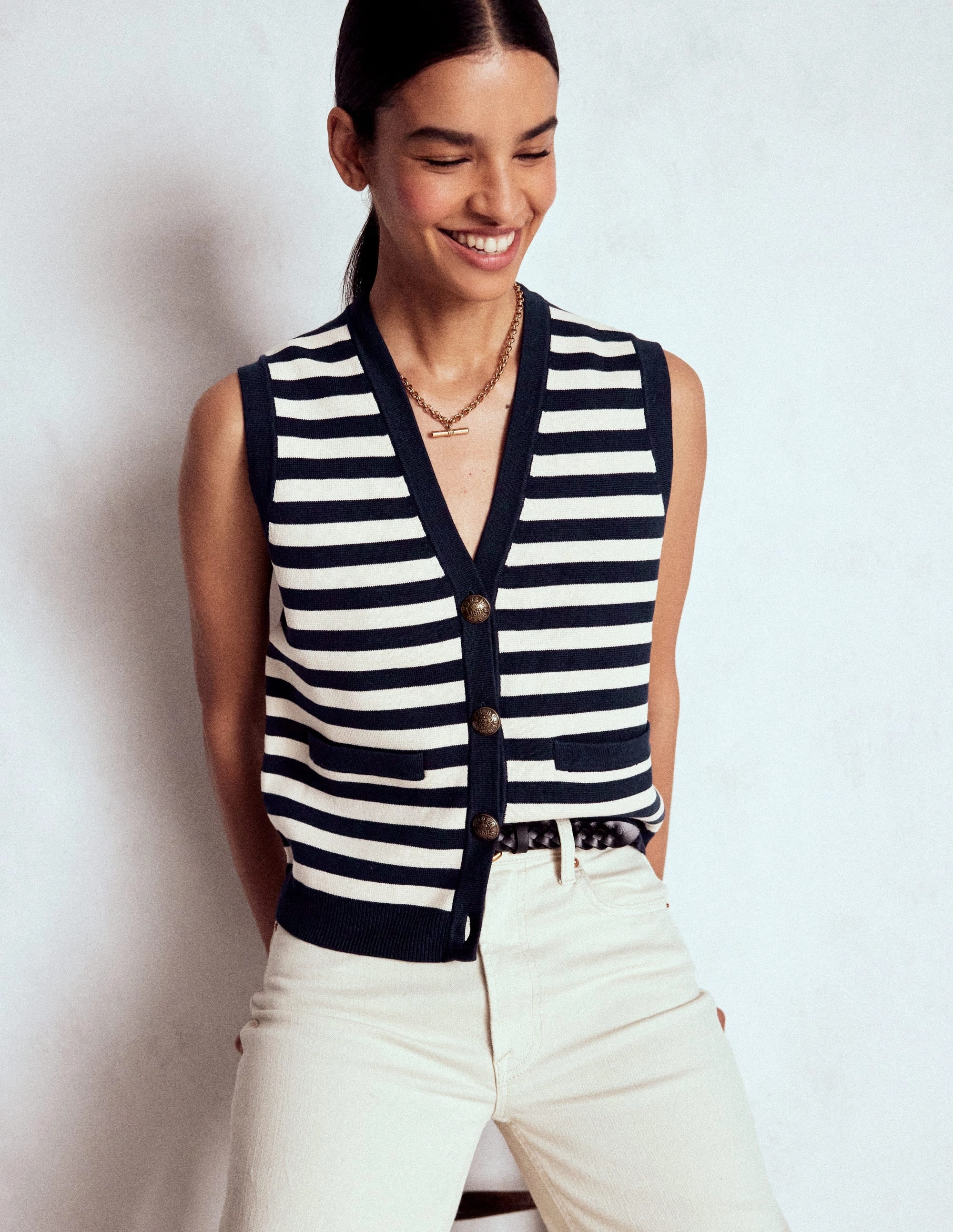 Holly Knitted Waistcoat-Navy and Ivory Stripe WideRibbed Texture