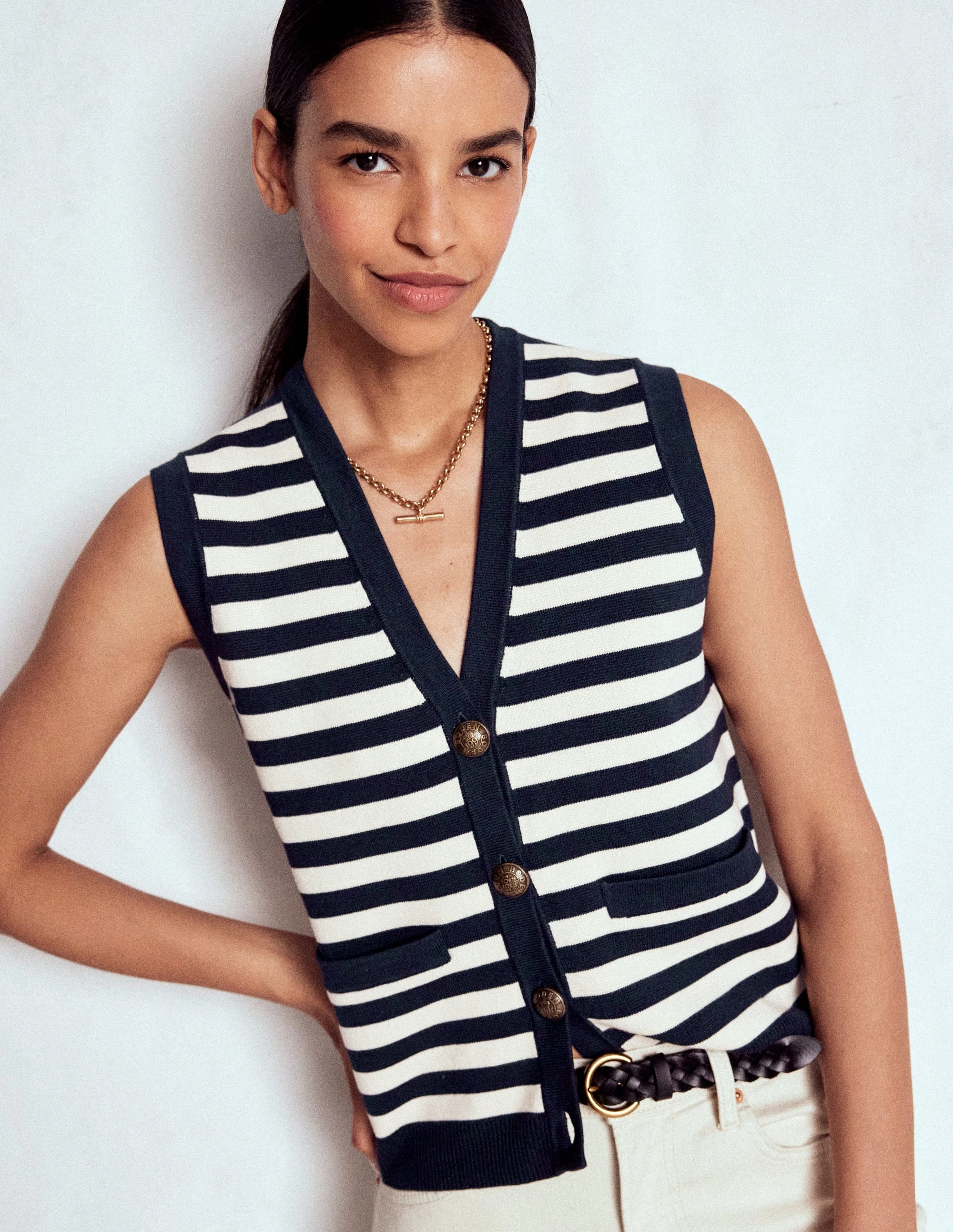 Twisted Cable Pattern Holly Knitted Waistcoat-Navy and Ivory Stripe