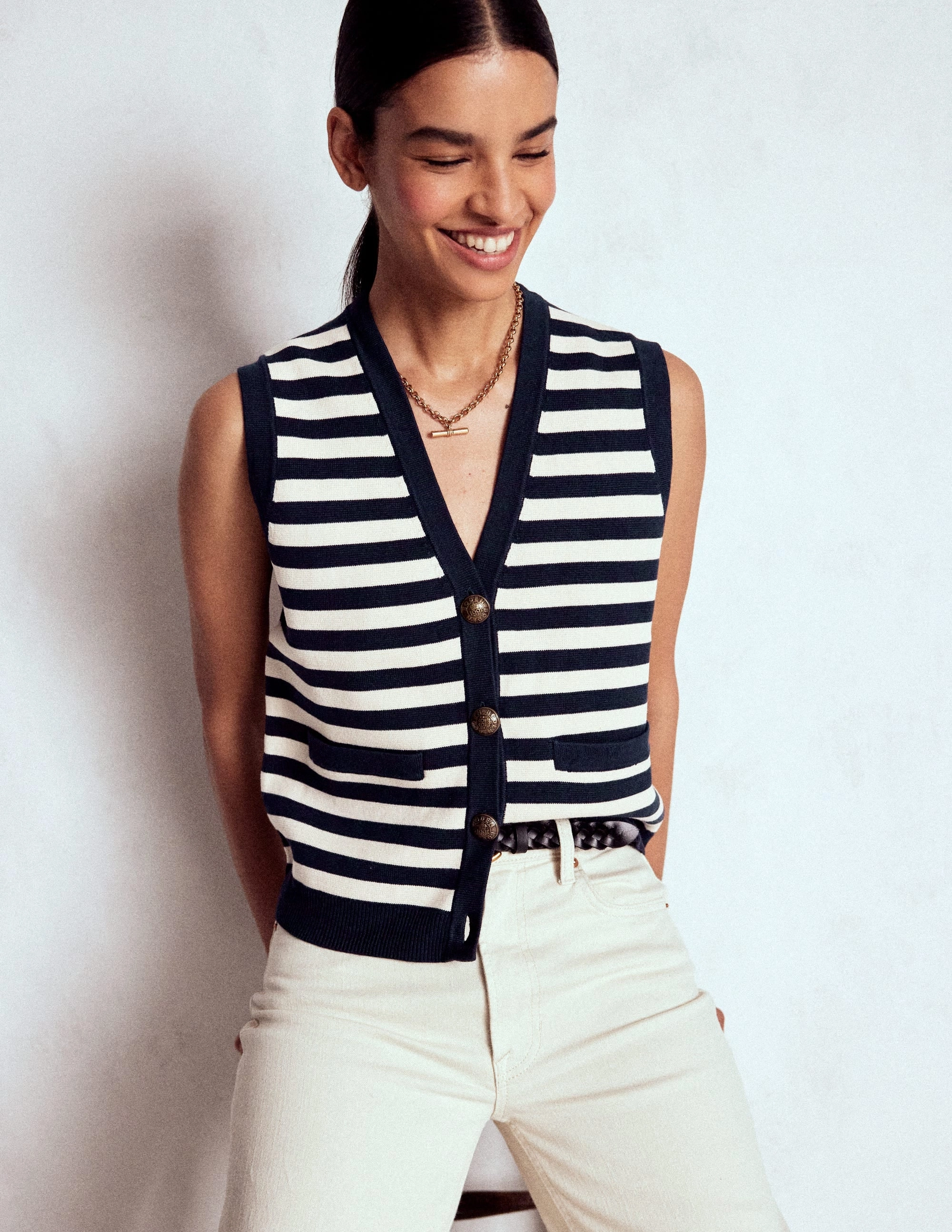 LowImpact Knitting Holly Knitted Waistcoat-Navy and Ivory Stripe