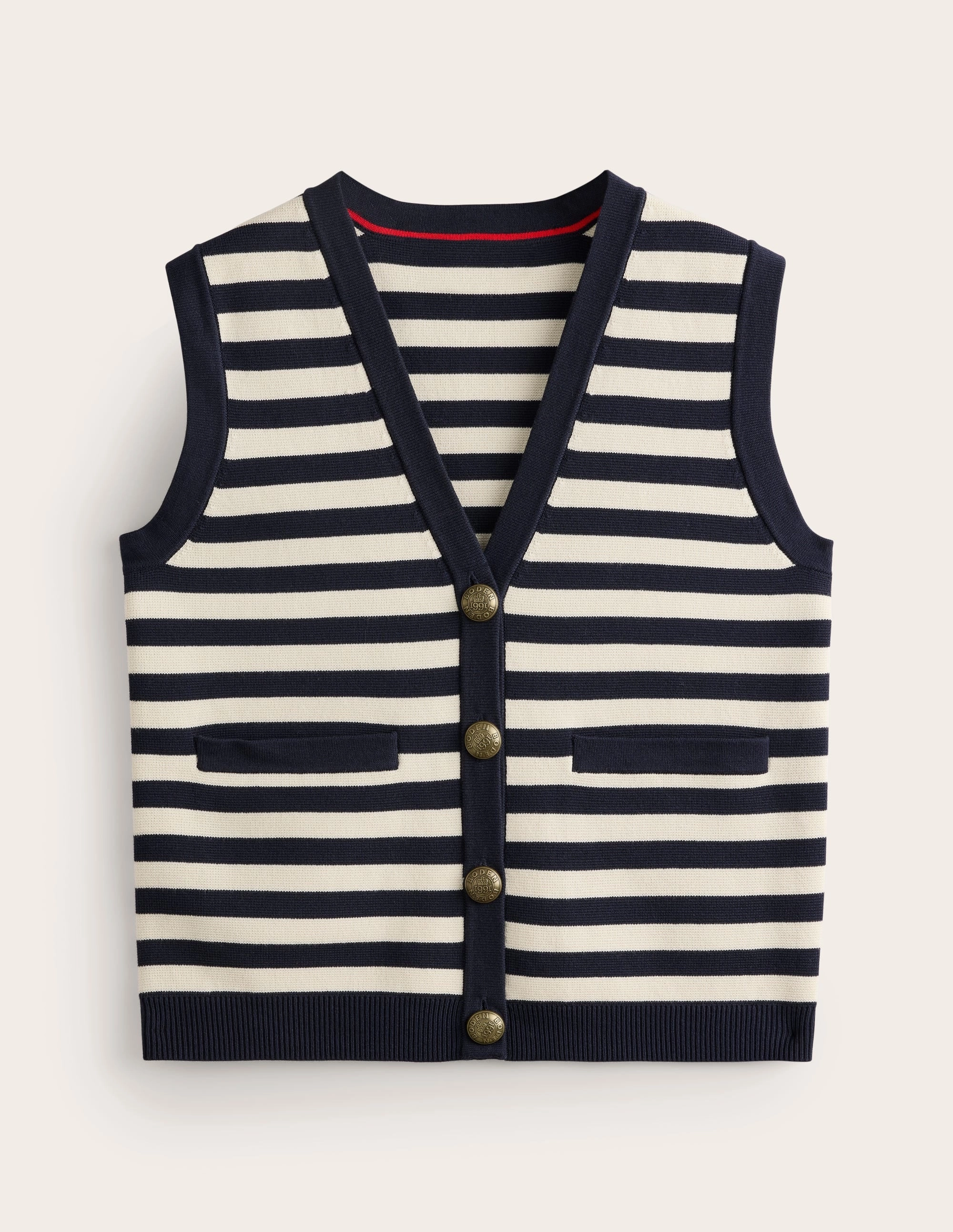 Airy Piece DoubleLayered Collar Holly Knitted Waistcoat-Navy and Ivory Stripe