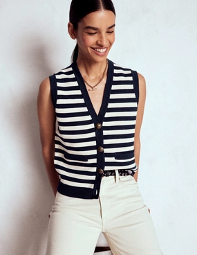 Holly Knitted Waistcoat-Navy and Ivory Stripe WideRibbed Texture