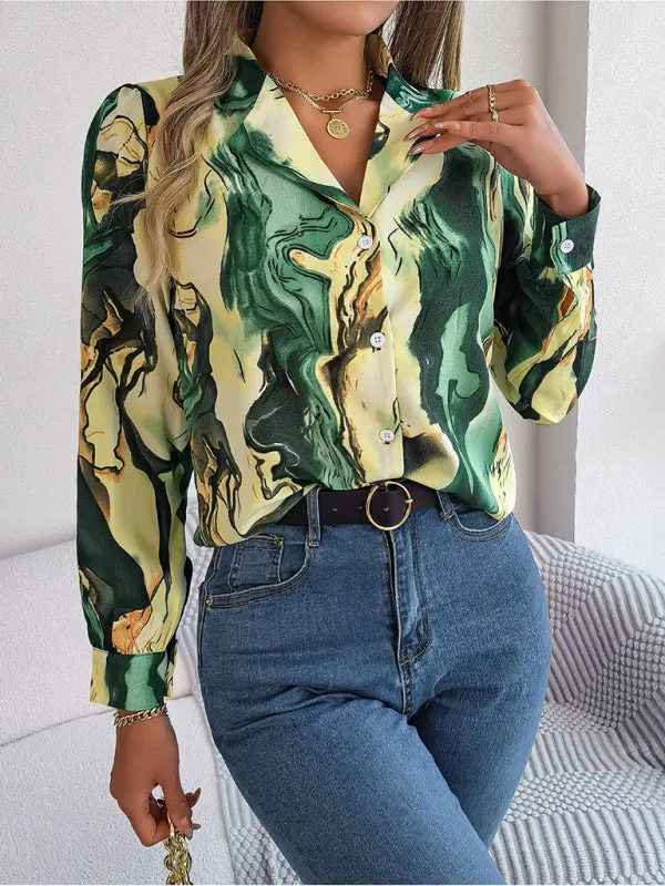 Vespera New Women's Casual Color Contrast Striped Suit Collar Long-Sleeved Shirt