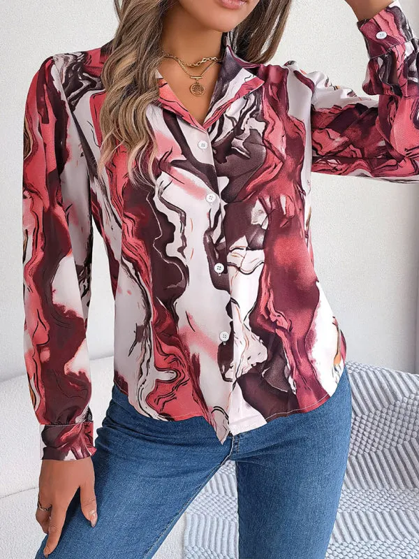Vespera New Women's Casual Color Contrast Striped Suit Collar Long-Sleeved Shirt