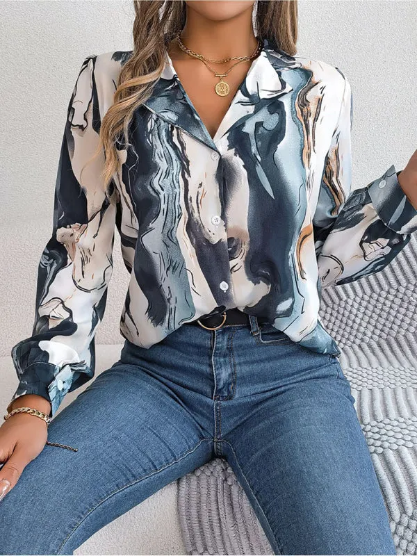 Vespera New Women's Casual Color Contrast Striped Suit Collar Long-Sleeved Shirt
