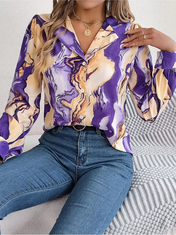 Vespera New Women's Casual Color Contrast Striped Suit Collar Long-Sleeved Shirt