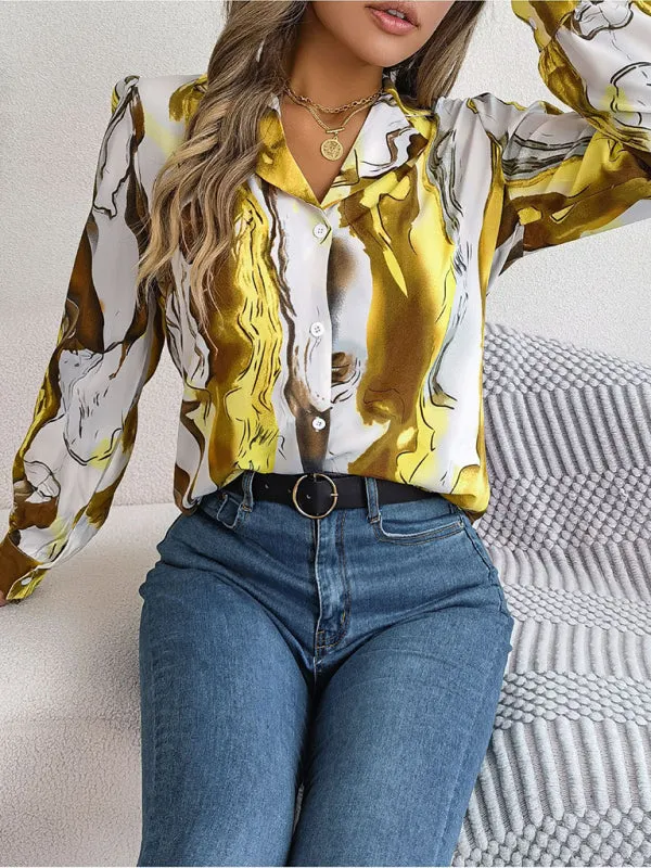 Vespera New Women's Casual Color Contrast Striped Suit Collar Long-Sleeved Shirt