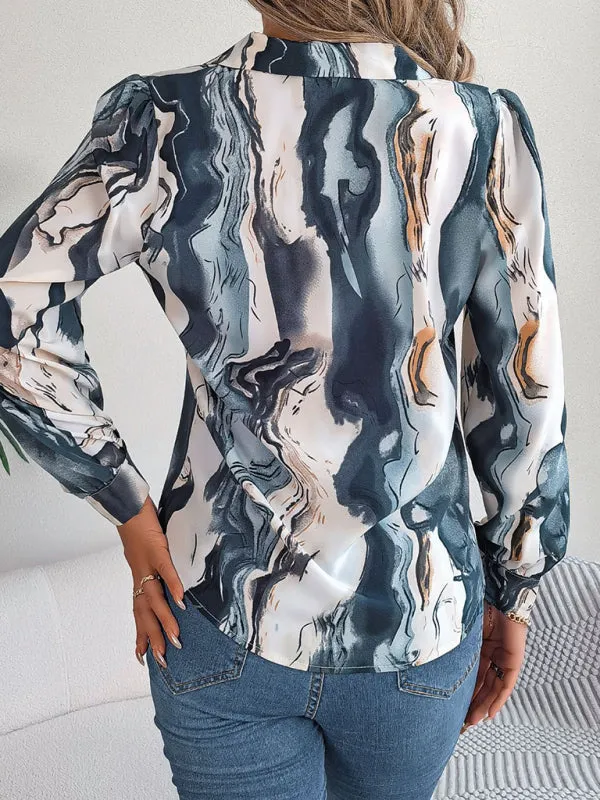 Vespera New Women's Casual Color Contrast Striped Suit Collar Long-Sleeved Shirt