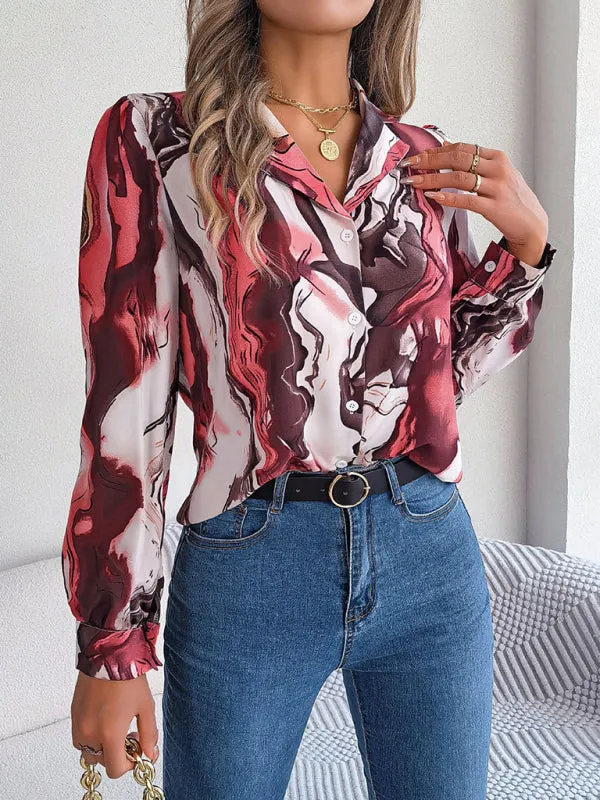 Vespera New Women's Casual Color Contrast Striped Suit Collar Long-Sleeved Shirt
