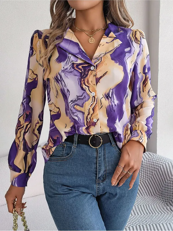 Vespera New Women's Casual Color Contrast Striped Suit Collar Long-Sleeved Shirt