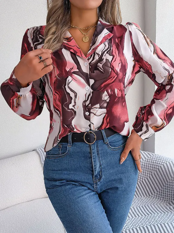 Vespera New Women's Casual Color Contrast Striped Suit Collar Long-Sleeved Shirt