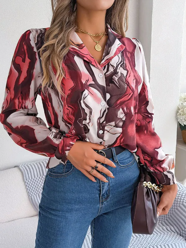 Vespera New Women's Casual Color Contrast Striped Suit Collar Long-Sleeved Shirt