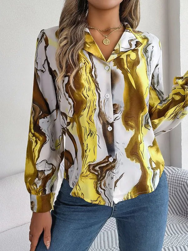 Vespera New Women's Casual Color Contrast Striped Suit Collar Long-Sleeved Shirt