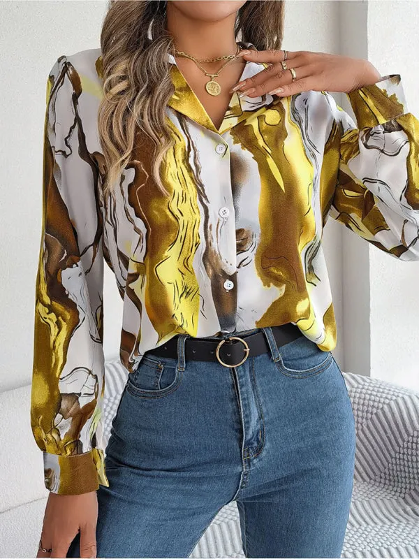 Vespera New Women's Casual Color Contrast Striped Suit Collar Long-Sleeved Shirt