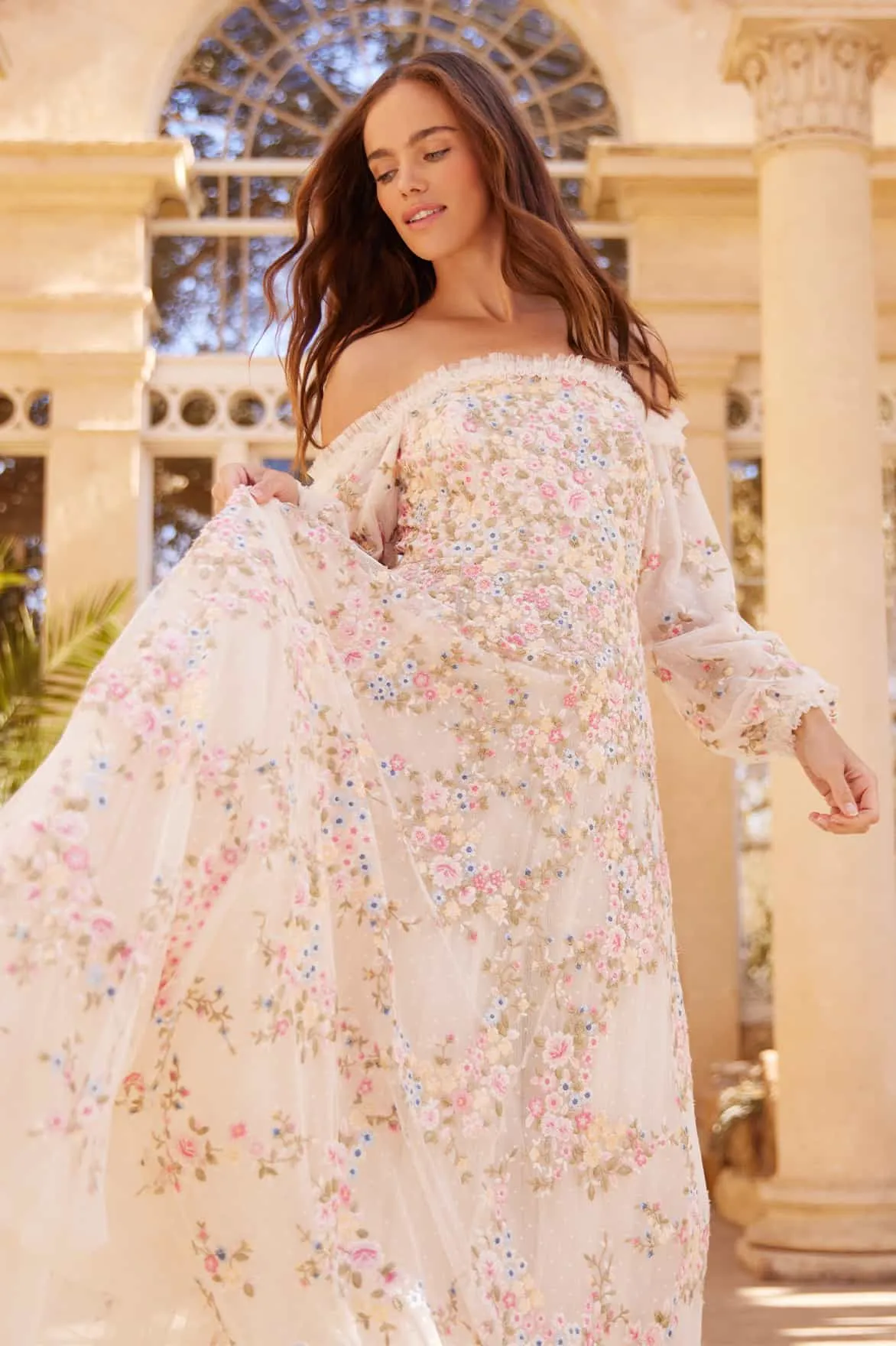 Lunaria Wreath Off-Shoulder Long Sleeve Gown Perfect For Any Occasion