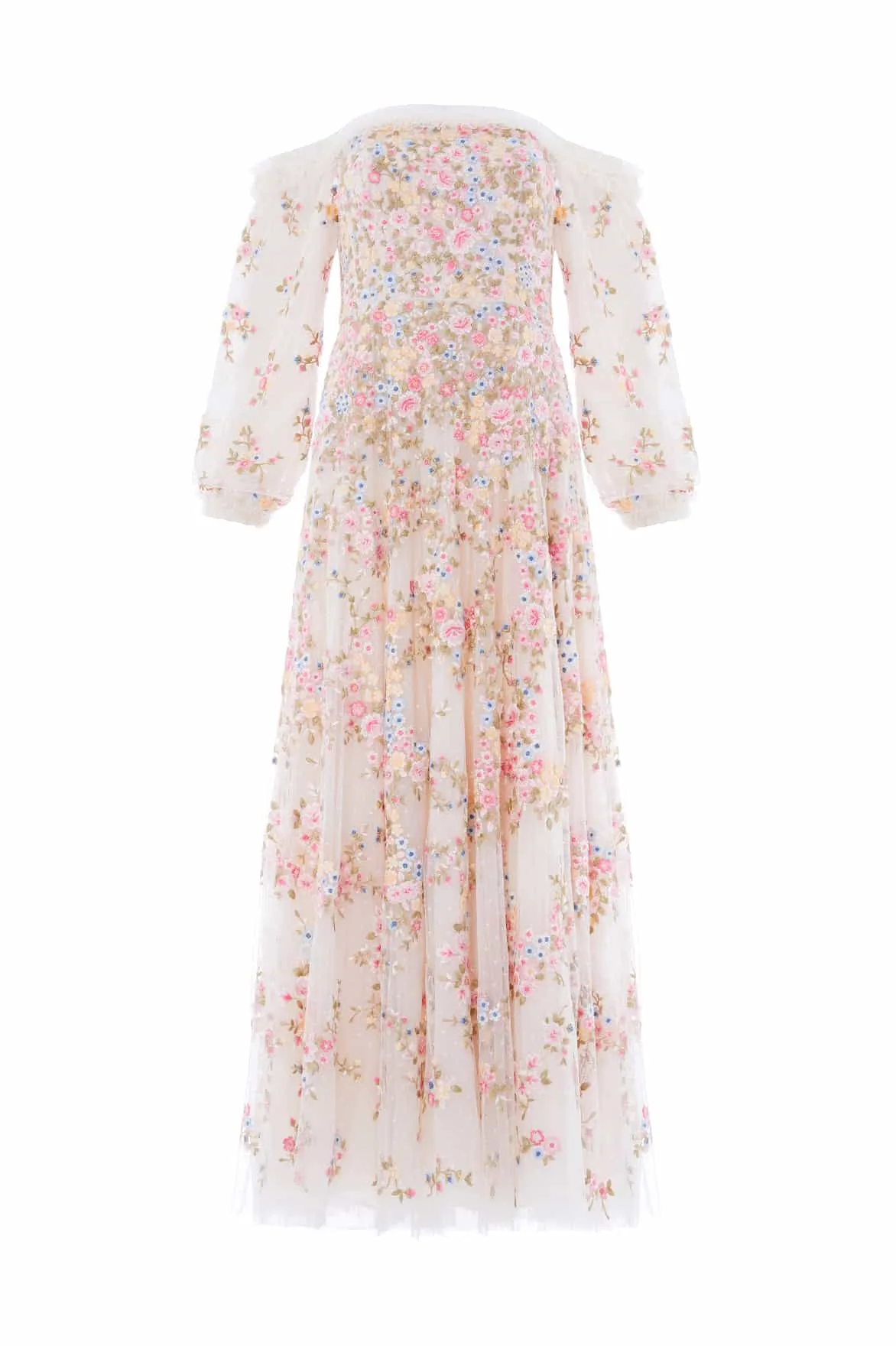 Stylish Waist Fit Lunaria Wreath Off-Shoulder Long Sleeve Gown