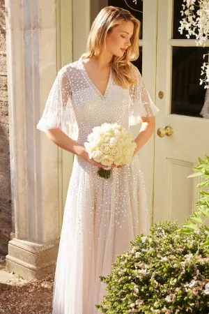 Relaxed Layers Mesh-Detail Dappled Sequin Cape Ankle Gown