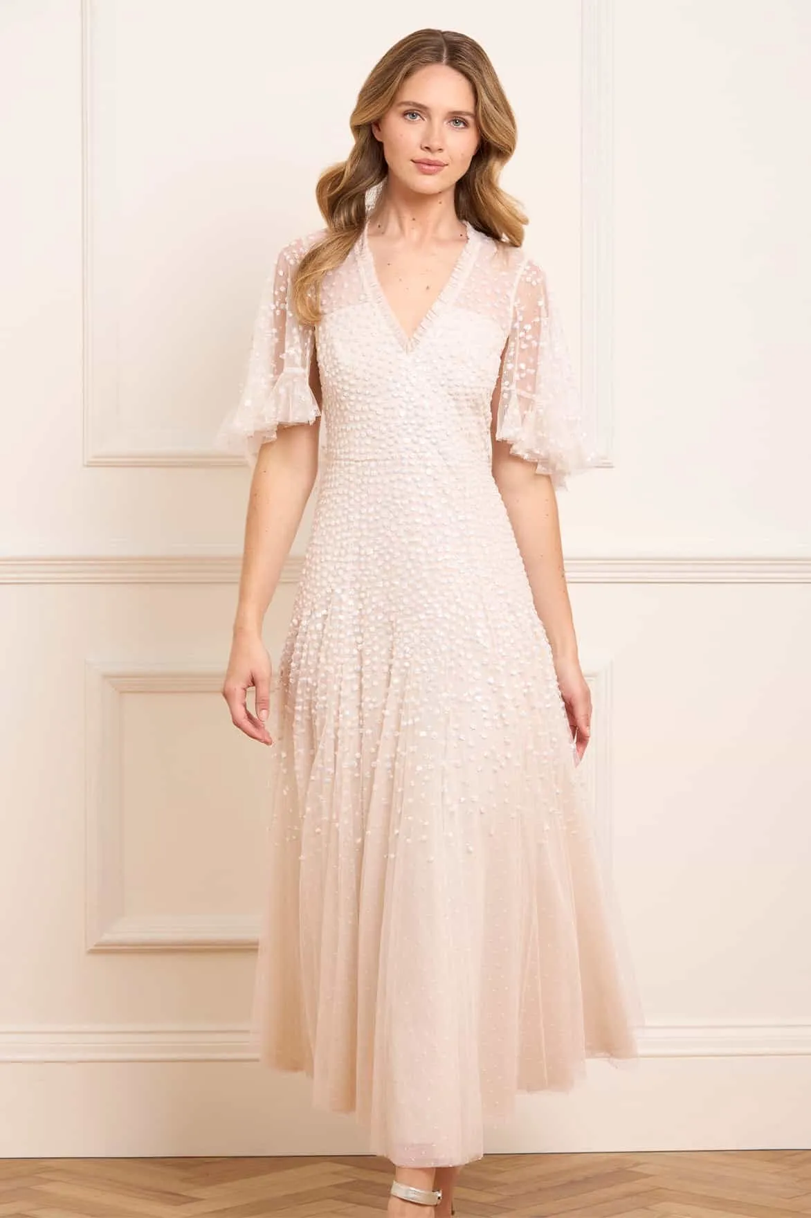 Curve-Enhancing Dappled Sequin Cape Ankle Gown