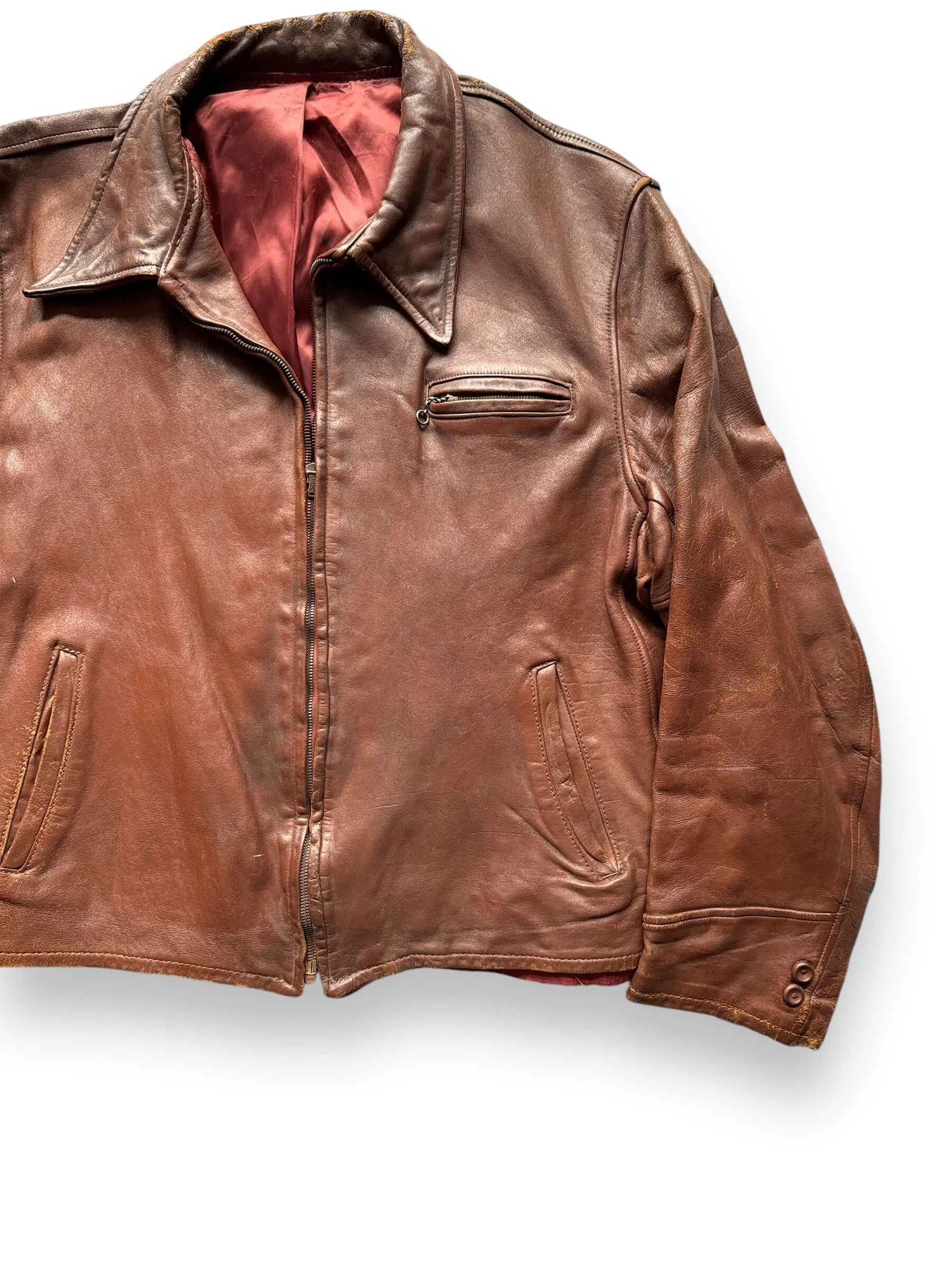 Vintage 30s/40s Era Leather Jacket with Crown Spring Loaded Zipper SZ L