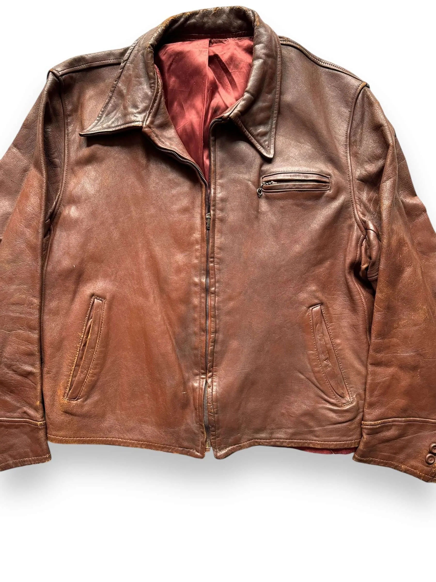 Vintage 30s/40s Era Leather Jacket with Crown Spring Loaded Zipper SZ L
