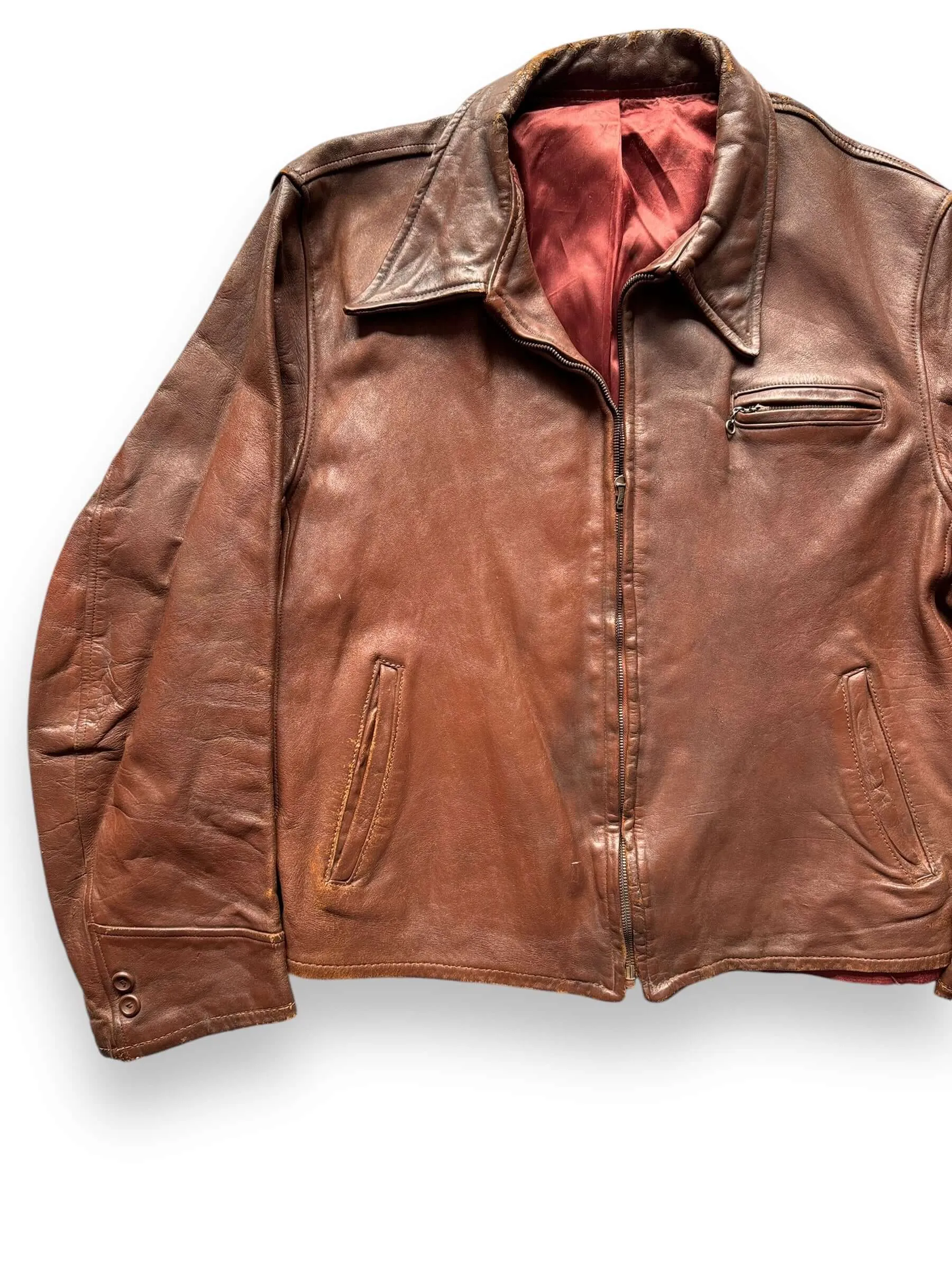 Vintage 30s/40s Era Leather Jacket with Crown Spring Loaded Zipper SZ L