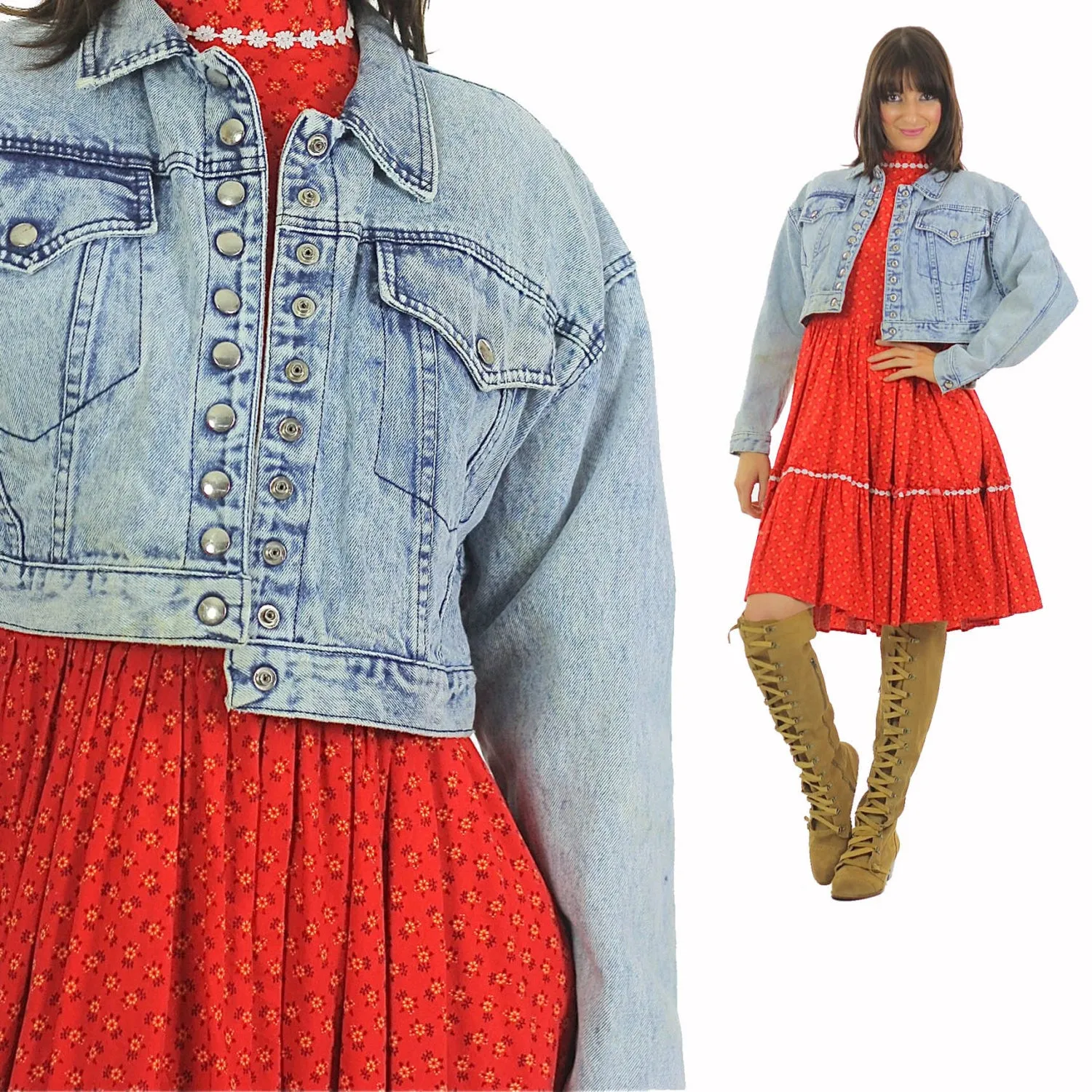 Vintage 80s boho hippie acid wash denim crop jacket
