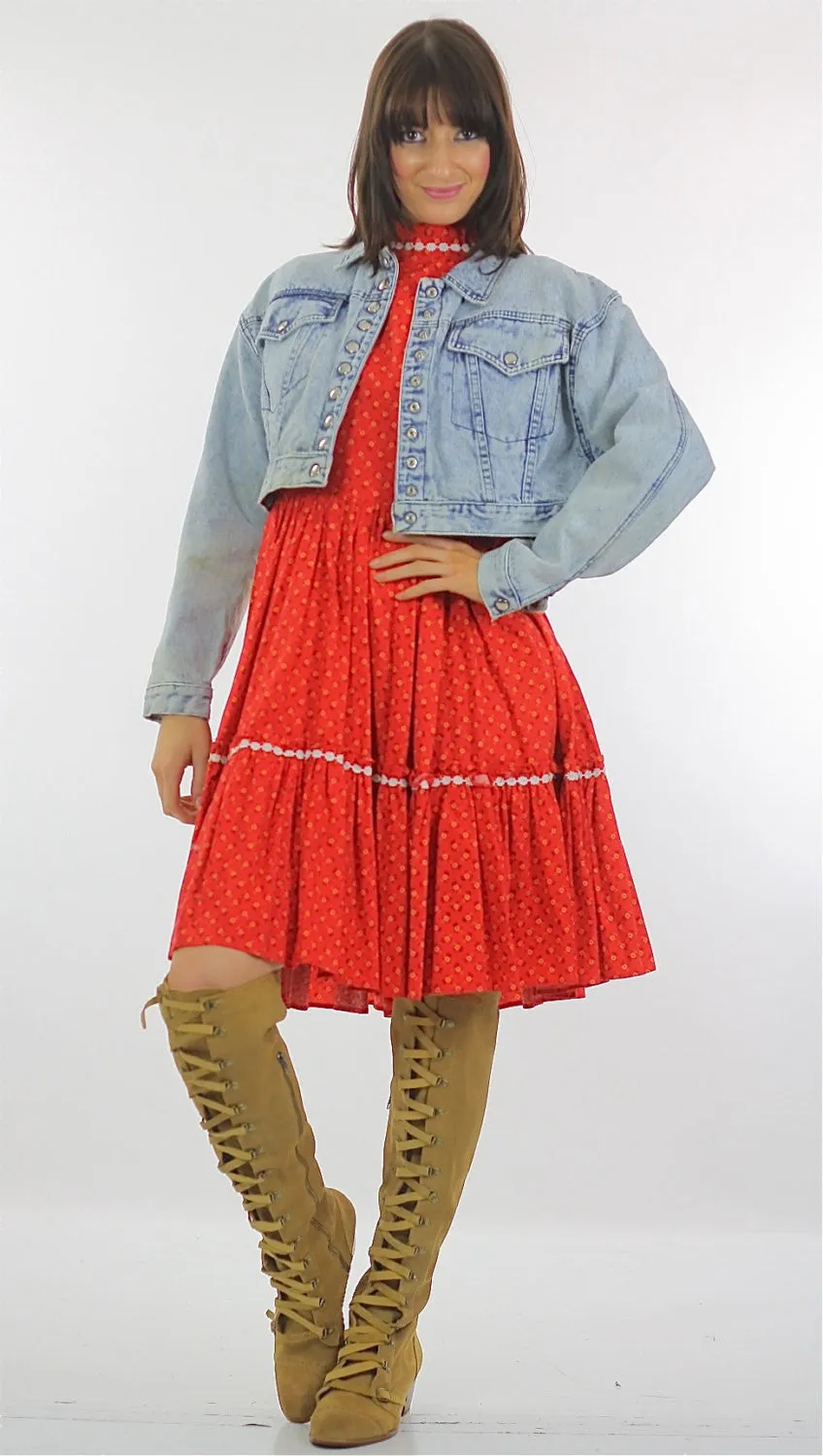 Vintage 80s boho hippie acid wash denim crop jacket