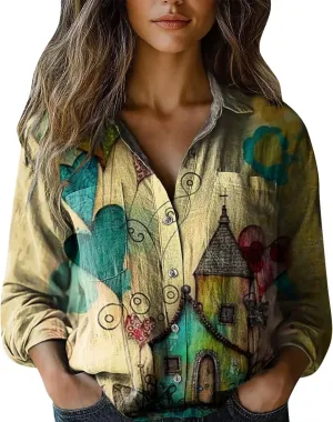 Vintage Boho Linen Tops for Women Floral Print Shirt Long Sleeve Button Up Blouses Loose Fit Dressy Peasant T-Shirts