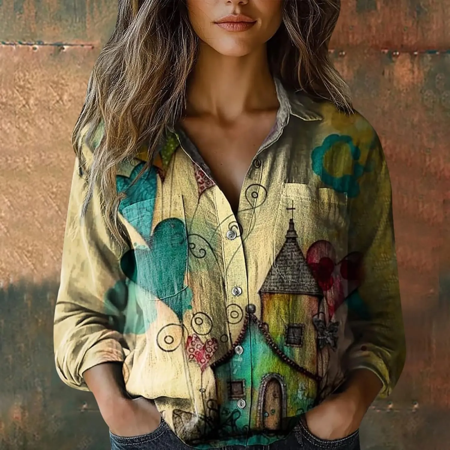 Vintage Boho Linen Tops for Women Floral Print Shirt Long Sleeve Button Up Blouses Loose Fit Dressy Peasant T-Shirts