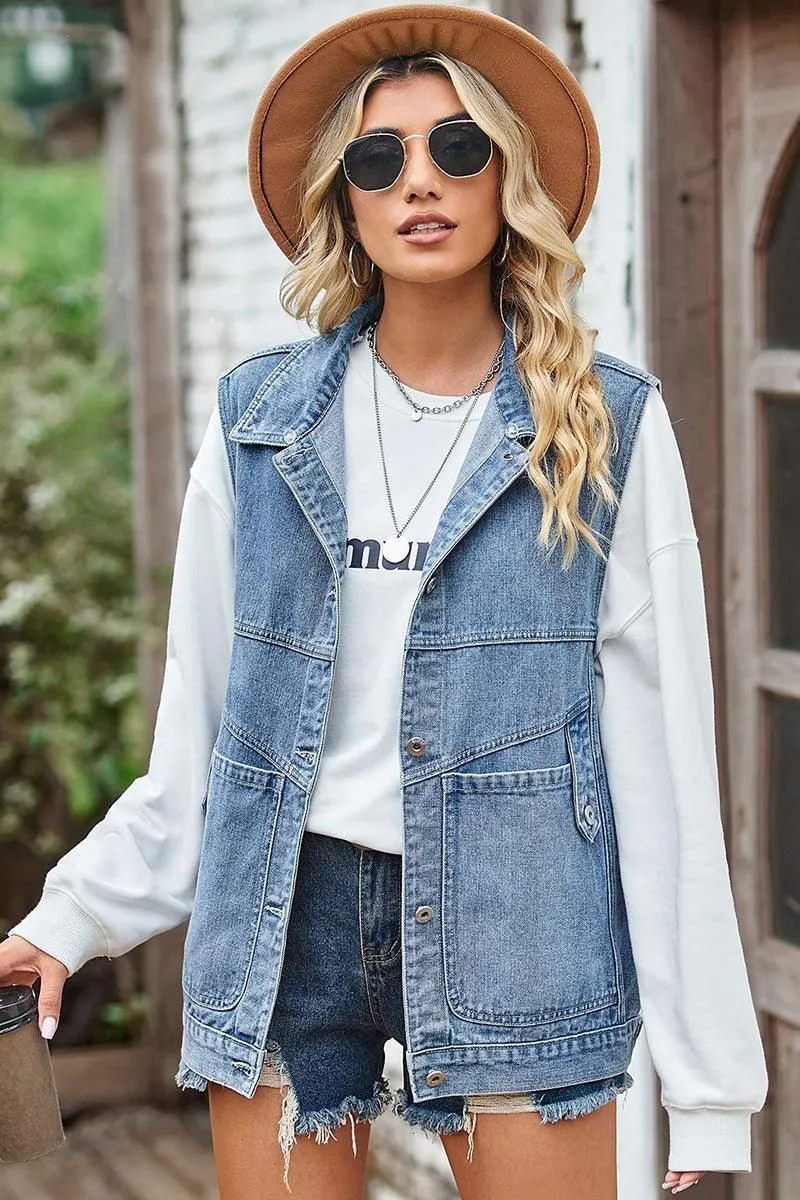 Mesh Panel Details VINTAGE BUCKELE POCKET COLLAR DENIM VEST